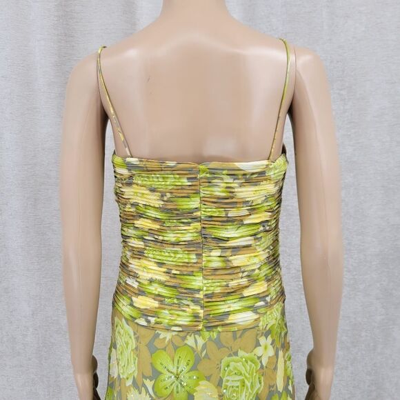 Chetta B Silk Midi Dress Y2K Floral Wasabi Green Ruched Pleat Bodice Fairycore - Picture 7 of 14